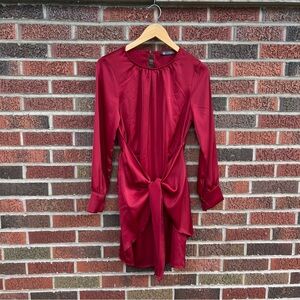 Pretty Garden Red Burgundy Silk Long Sleeve Front Knotted Wrapped Dress